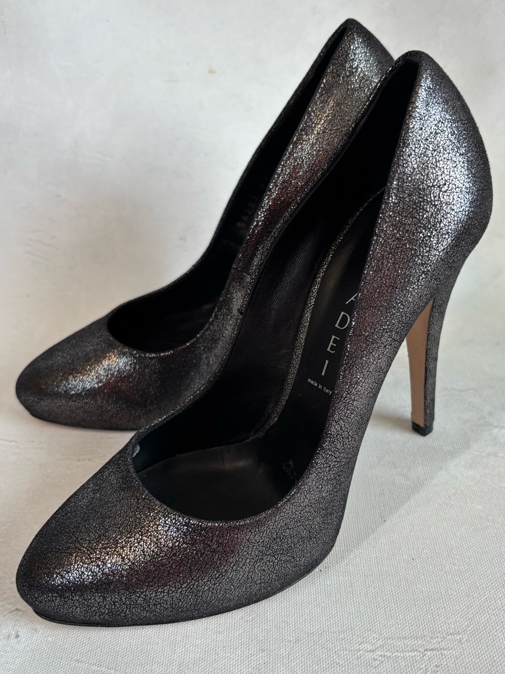 Casadei Italian Leather Metallic Black/Silver Stiletto Heel Pumps , size 7